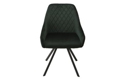 Kamilla forgó étkezőszék, elegáns és modern megjelenéssel, kényelmes, puha zöld bársony kárpitozással. Fém lábai stabilitást biztosítanak, a 360° -ban forgó kialakítás pedig extra kényelmet nyújt a mindennapi használat során.