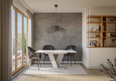 Rio 143 étkezőasztal szürke, MDF-ből készült, bővíthető, asztallappal, beton hatású talppal. Az étkezőasztal könnyen nyitható.