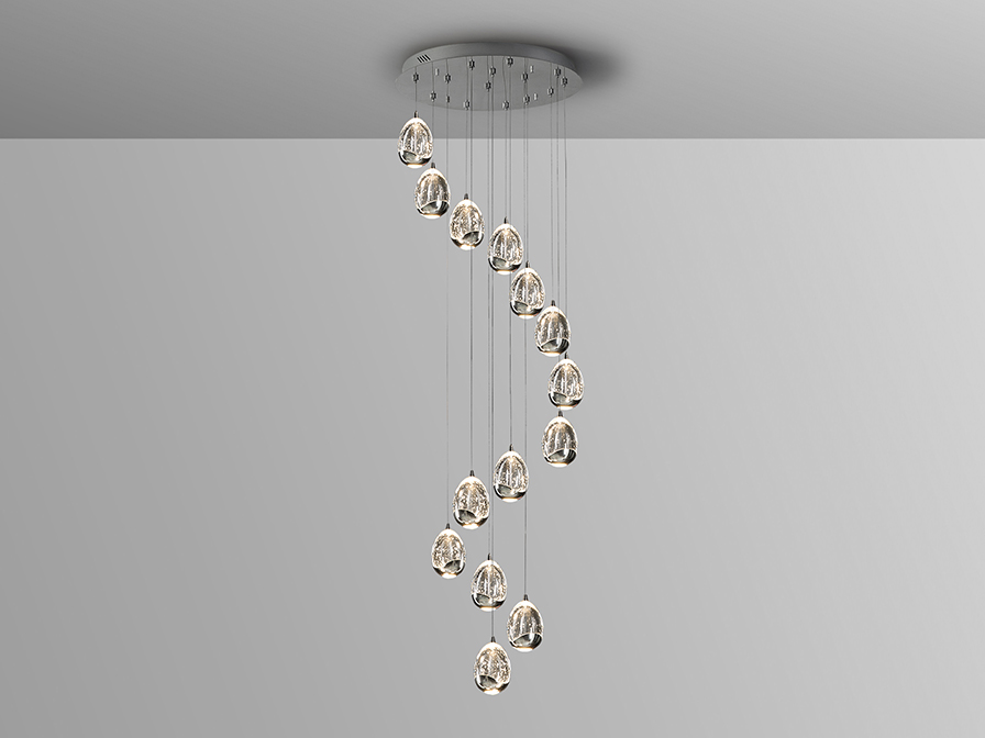 Roico csillár 785635B Roico csillár 785635B fémből készült csillár, króm felülettel. A lámpaburák tömör üvegből készültek, ezüst színben, dekoratív légbuborékokkal díszítve.