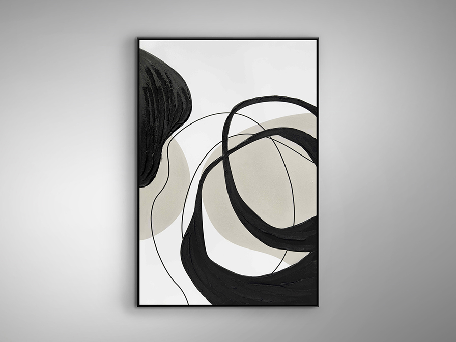 Actio I festmény 386548 Actio I festmény 386548 akrilfestékkel készült, monokróm dekorral, feszített vásznon. Polisztirol keretben. Függőlegesen és vízszintesen is felakasztható.