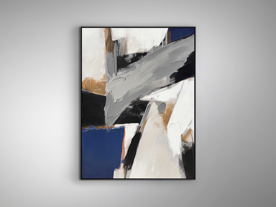 Espacios II festmény 301732 Espacios II festmény 301732 akrilfestékkel készült, fekete és fehér tónusokkal, mély kék és meleg bézs-barna részletekkel. Polisztirol keretben.