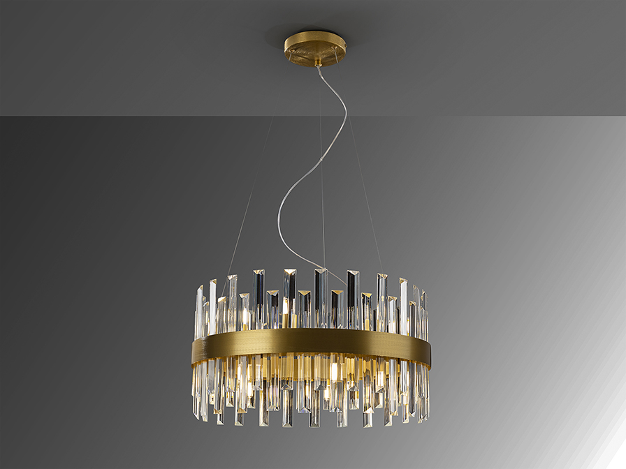 Grace csillár 365277 Grace csillár 365277 csiszolt fémből készült csillár, aranyozott felülettel. Prizma alakú, áttetsző üveg lamellákkal. Állítható hosszúsággal.