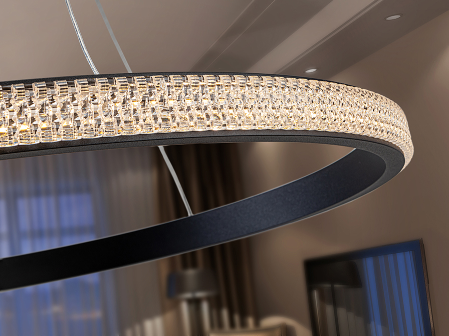 Ring csillár 717526 Ring csillár 717526 elegáns, homokfúvott matt feketefelületkezeléssel. Gyűrű formájú kristálytiszta akrildarabokból álló diffúzorral. Állítható hosszúsággal.