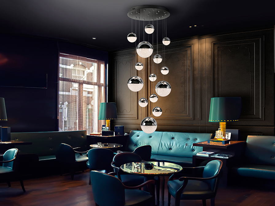 Sphere csillár 793269D Sphere csillár 793269D fémből készült csillár, króm felülettel. Polikarbonát lámpa búrkkal belső textúrával, metál és króm fémrészletekkel.