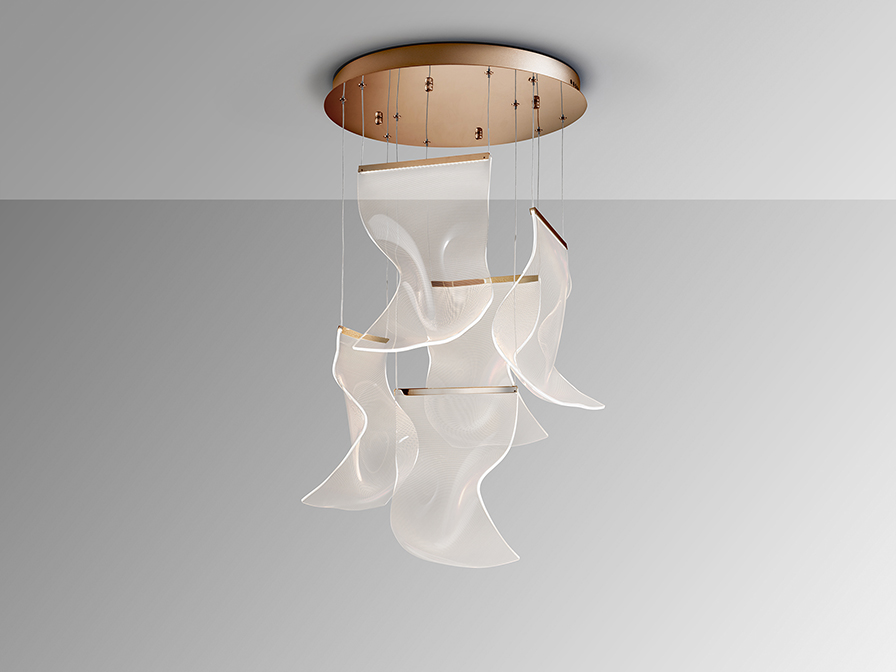 Velos csillár 609583 Velos csillár 609583 fémből készült csillár, rózsaarany felülettel. Mikroprintelt, formázott metakrilát búrákkal. Állítható hosszúsággal.