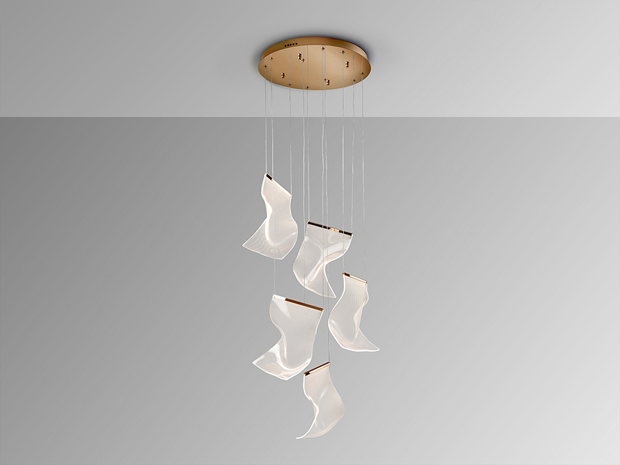 Velos csillár 609583 Velos csillár 609583 fémből készült csillár, rózsaarany felülettel. Mikroprintelt, formázott metakrilát búrákkal. Állítható hosszúsággal.