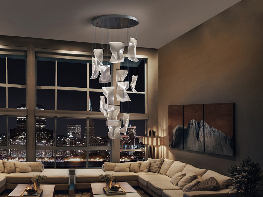 Velos csillár 609647ND Velos csillár 609647ND fémből készült csillár, krómozott felülettel. Mikroprintelt, formázott metakrilát búrákkal. Állítható hosszúsággal.