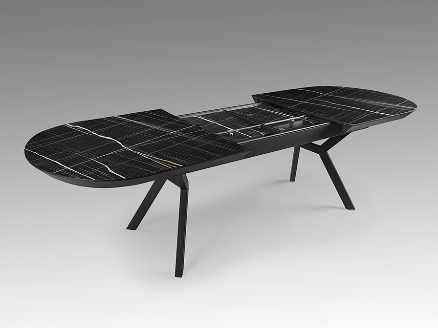 Antea étkezőasztal 789235 Antea étkezőasztal 789235 fém vázzal, matt fekete asztal lábakkal. És bővíthető, fényes fekete márványhatású asztallappal.