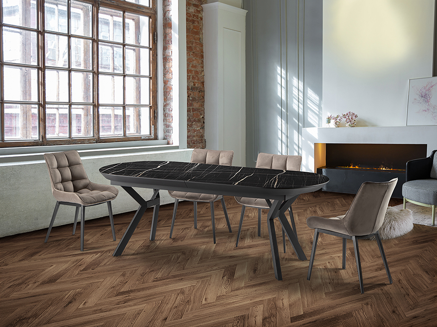 Antea étkezőasztal 789235 Antea étkezőasztal 789235 fém vázzal, matt fekete asztal lábakkal. És bővíthető, fényes fekete márványhatású asztallappal.