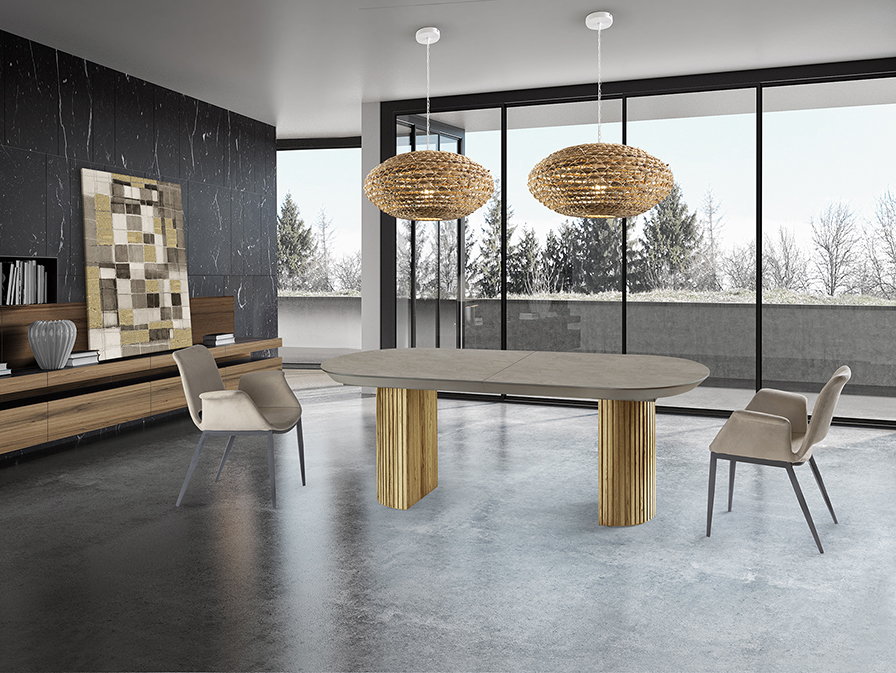 Irati étkezőasztal 607094 Irati étkezőasztal 607094 természetes fahatású, bordázott lábazattal, matt, kőhatású melamin asztallappal.