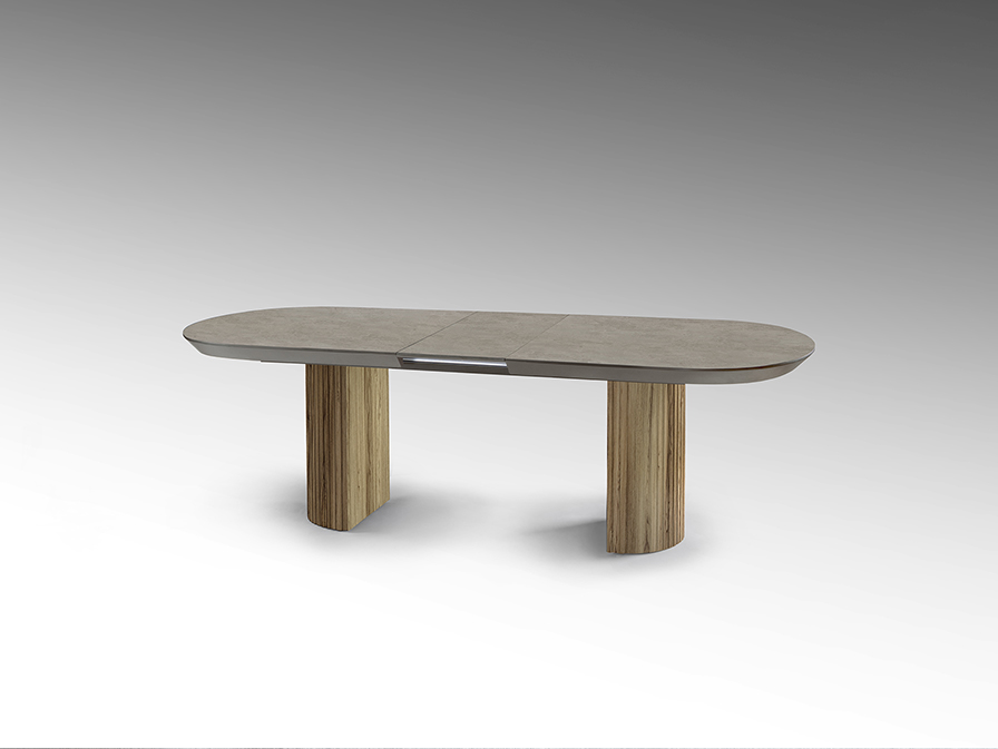 Irati étkezőasztal 607094 Irati étkezőasztal 607094 természetes fahatású, bordázott lábazattal, matt, kőhatású melamin asztallappal.