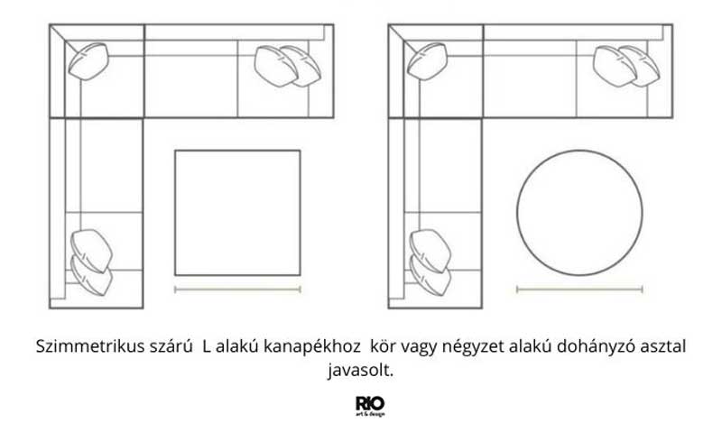 Azokba az otthonokba, ahol nagyobb méretű L alakú kanapé is elfér, gyakran választanak szimmetrikus szárú kanapét. Ebben az estben a kör vagy négyzetes alakú dohányzóasztal a legmegfelelőbb választás.