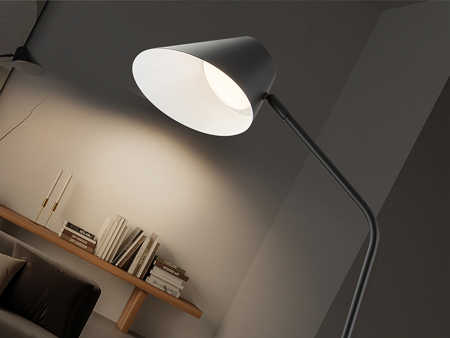 Esino állólámpa 215732 Esino állólámpa 215732 fémből készült, matt fekete felülettel. Opál diffúzorral. Egy darab, tetszőlegesen állítható magasságú és forgatható lámpafejjel.