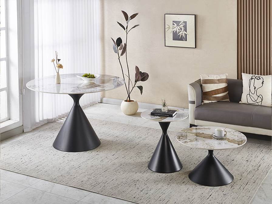 Panda kiasztal 718943 Panda kiasztal 718943 szürke Pandora márvány mintázatú porcelán asztallappal, és homokóra formát idéző matt fekete fémtalppal.