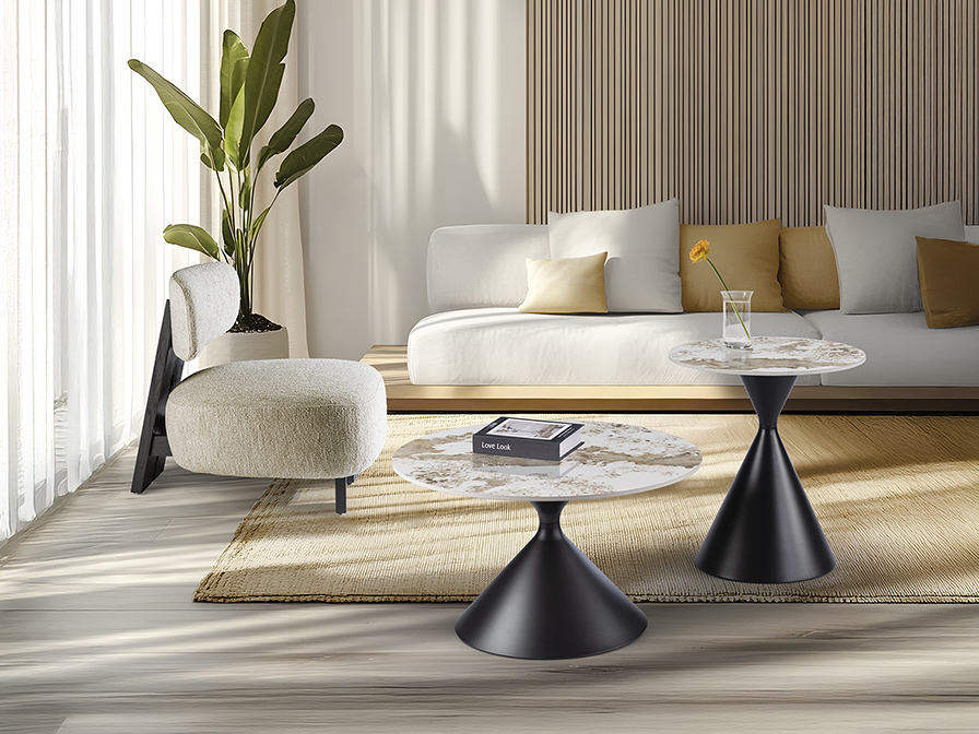 Panda kiasztal 718943 Panda kiasztal 718943 szürke Pandora márvány mintázatú porcelán asztallappal, és homokóra formát idéző matt fekete fémtalppal.