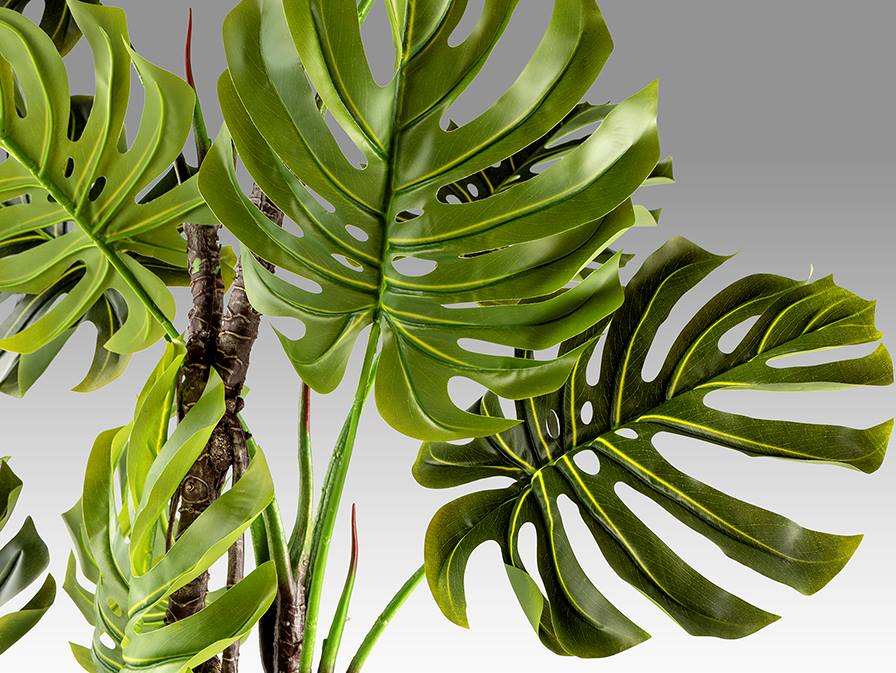 Monstera gondozásmentes növény közeli leveles Monstera gondozásmentes növény közeli leveles PVC-ből és fémből készült, lyukacsos levelekkel, gazdag textúrával, cement talpazattal, dekoratív mohaborítással és kaspóval.